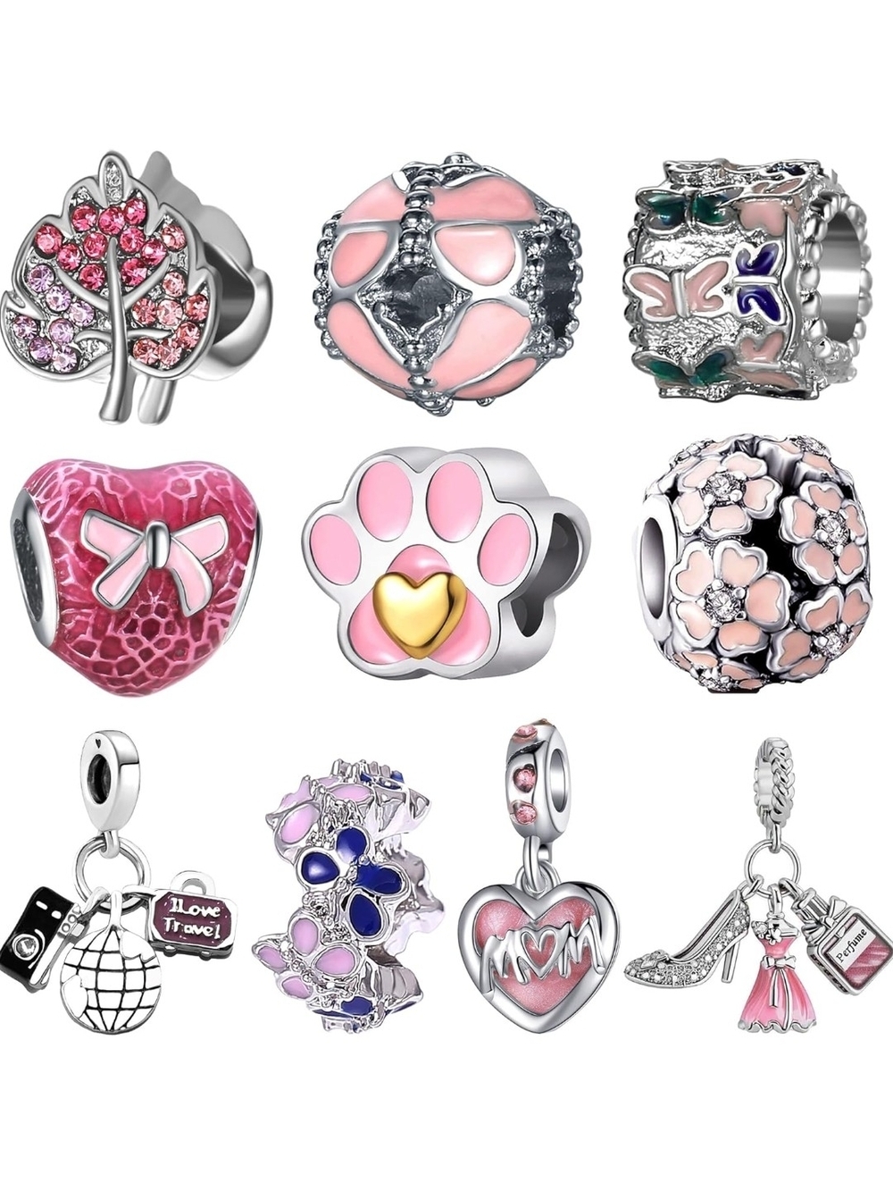 Pink Paw & Floral Sterling-Style Charm Bead Set - Women Jewelry